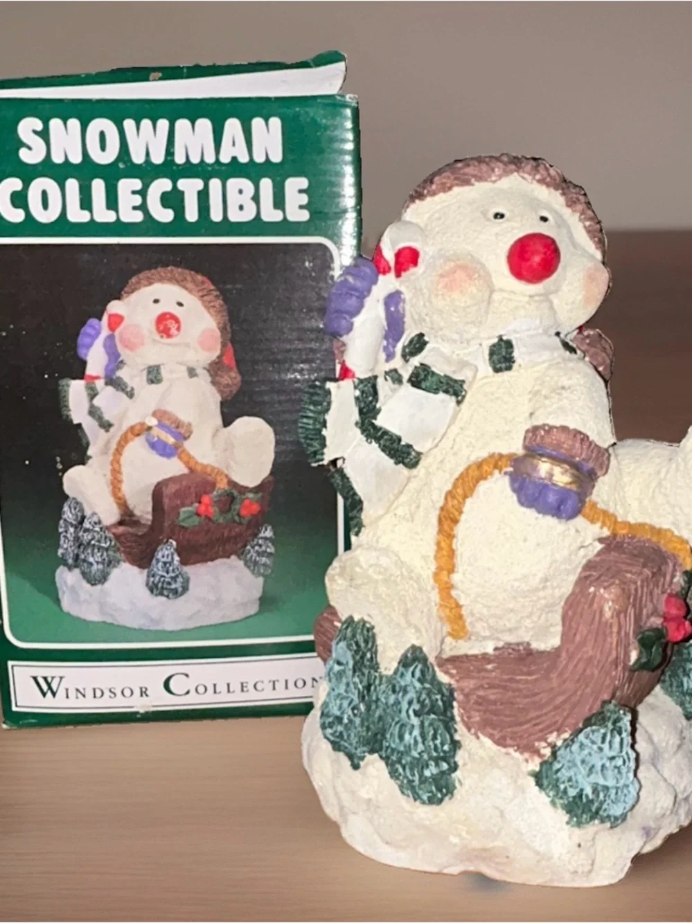 Vintage 1994 Windsor Collection Snowman Collectible Snowman on sled 9in Tall